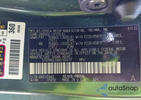 2022 Toyota Sienna Xle z USA, uszkodzony, nr VIN 5TDYRKEC6NS100017